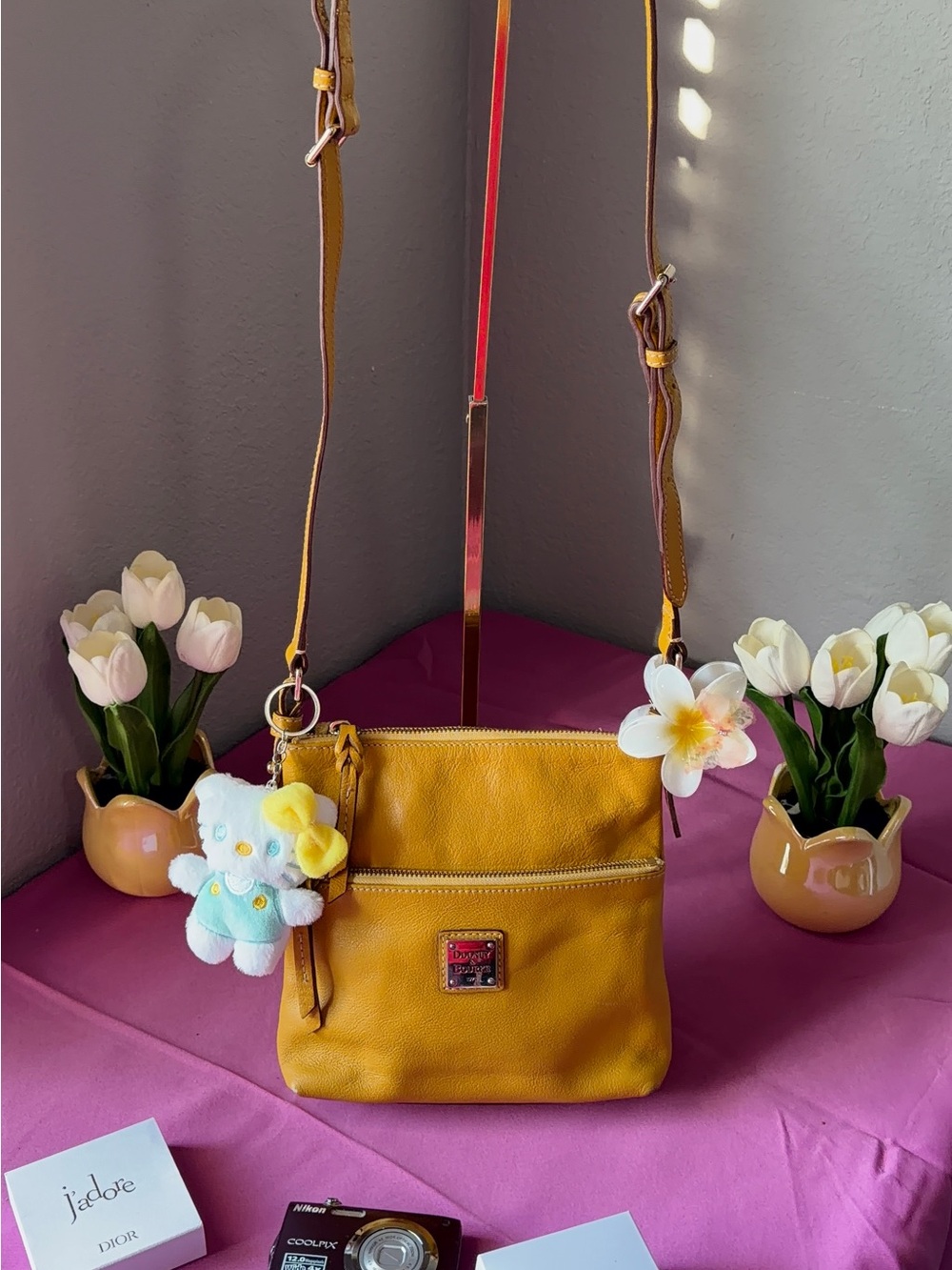 Dooney & Bourke Yellow Leather Crossbody with Pink Lined Interior